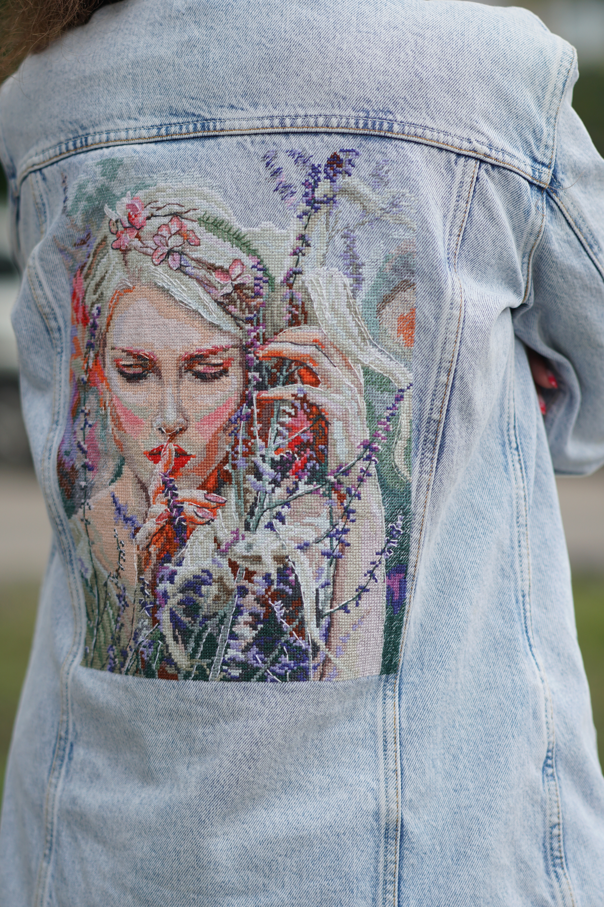 Listening to Silence on denim - My, Embroidery, Cross-stitch, Needlework without process, Denim, GIF, Longpost