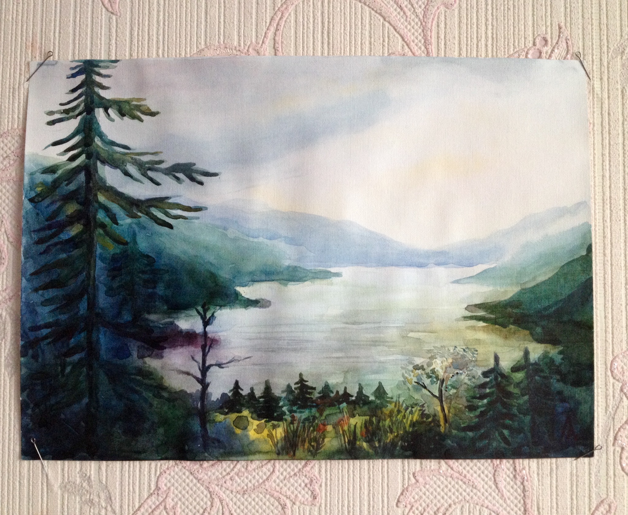 Italy. Lake Ritsa. (paper, watercolors). Italy, Italy has awakened... - My, Italy, Painting, Landscape, Lake, Morning, Summer