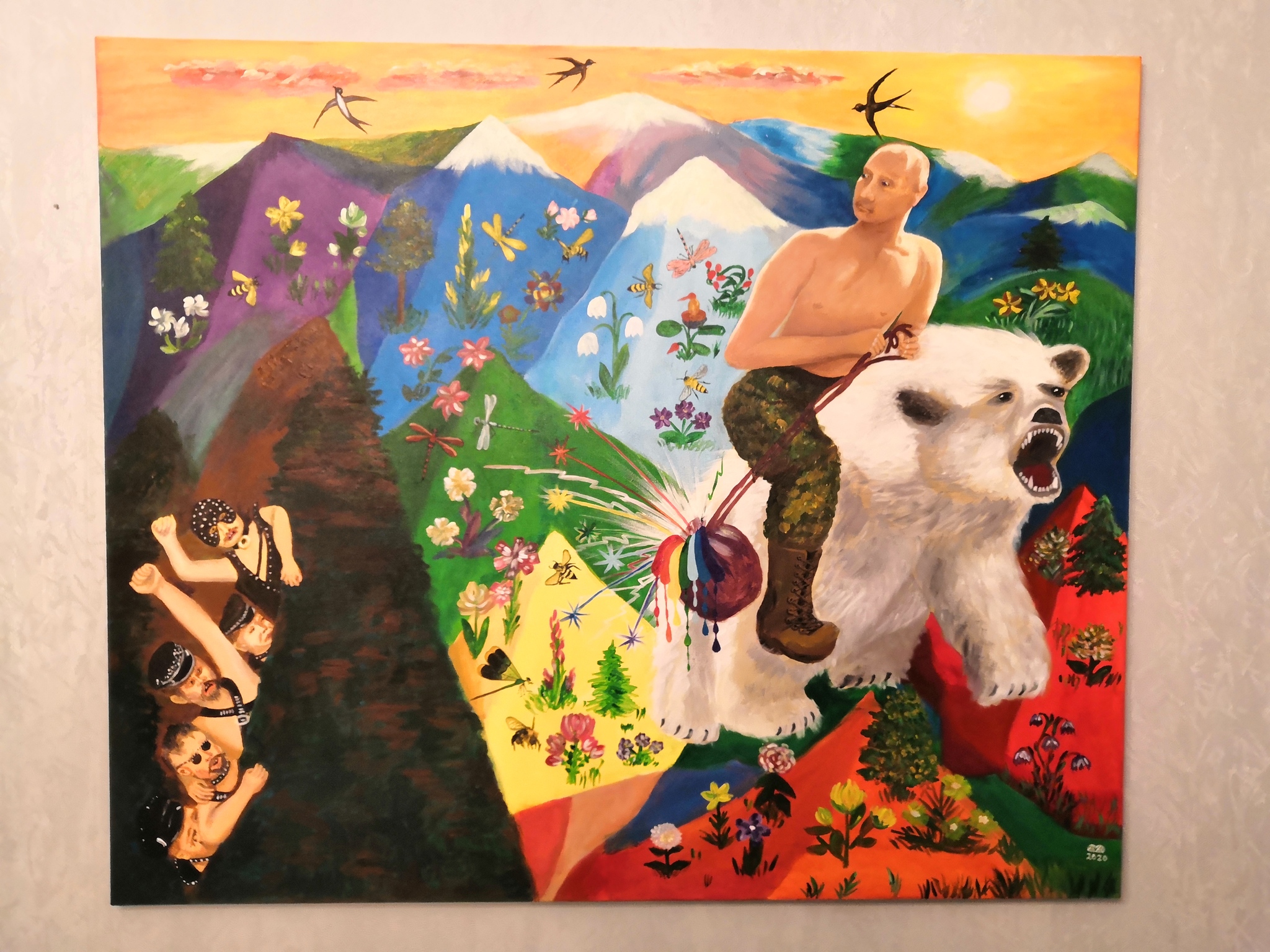 Putin steals the rainbow from fagots. 120x100 canvas, acrylic - My, Victor Pelevin, Vladimir Putin, Painting, Mat, Iphuck 10, Fresco, Rainbow, LGBT, Abduction