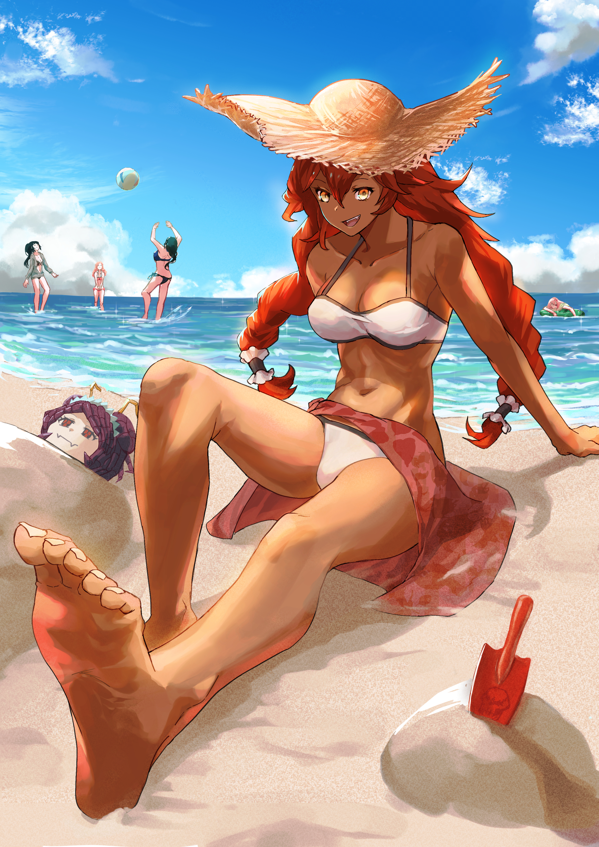 Pleiades on the beach - NSFW, Anime, Anime art, Swimsuit, Beach, Sea, Pleiades (Overlord), Rabbit, Lupusregina Beta, Overlord, Entoma Vasilissa zeta, Narberal Gamma, Ball, Longpost