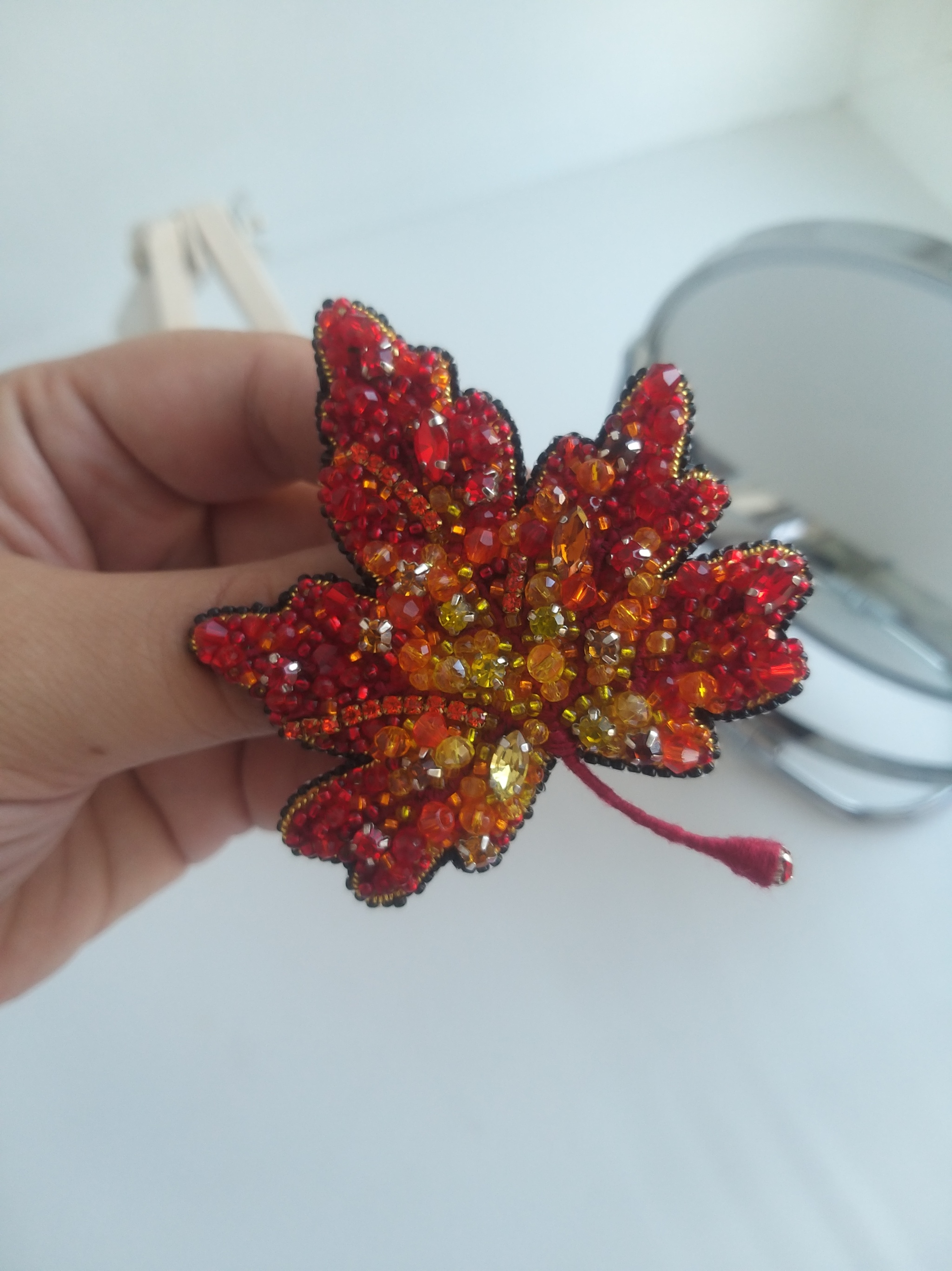 Leaf, handmade brooch - My, Brooch, Beads, Needlework without process, Handmade, Longpost