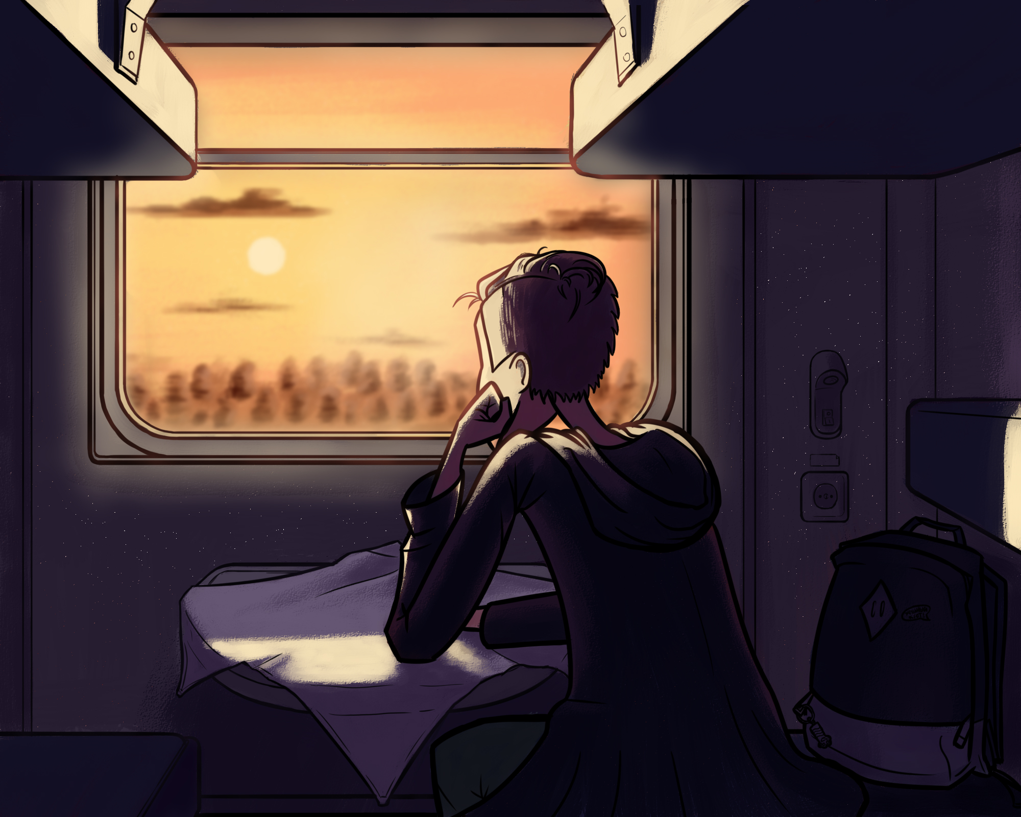 Music is your best friend on any trip - My, Art, Comics, Drive, A train, Music, King and the Clown, Punk rock, Railway carriage, Sunset, Longpost, Volga river