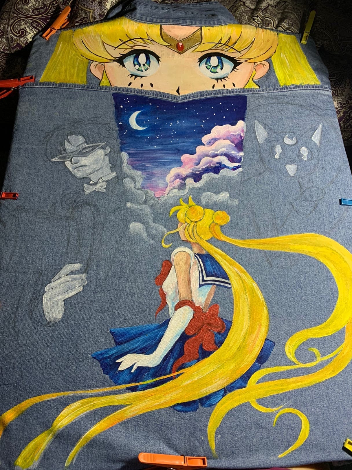 Sailor Moon denim painting - My, Sailor Moon, Acrylic, Longpost, Taxedo Musk, Anime, Painting on fabric