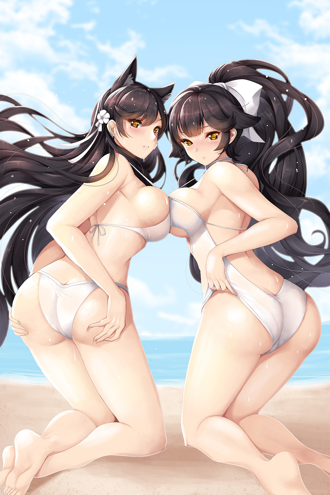 Atago & Takao - NSFW, Аниме, Anime Art, Azur Lane, Atago, Takao, Купальник, Грудь, Попа, Animal Ears