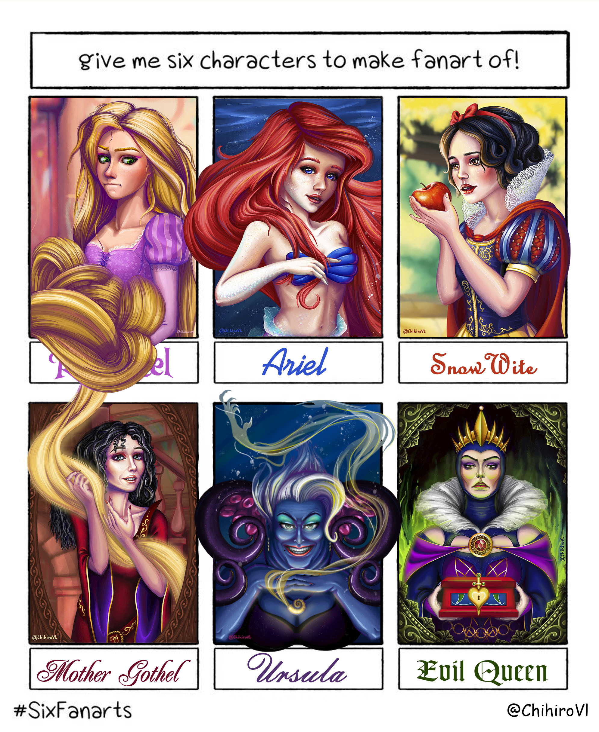 The latest work from the #SixFanarts series - My, Walt disney company, Fan art, Drawing, Art, Portrait, Sixfanarts, the little Mermaid, Ariel, Ursula, Snow White, Evil queen, Rapunzel, Princess, Video, Longpost