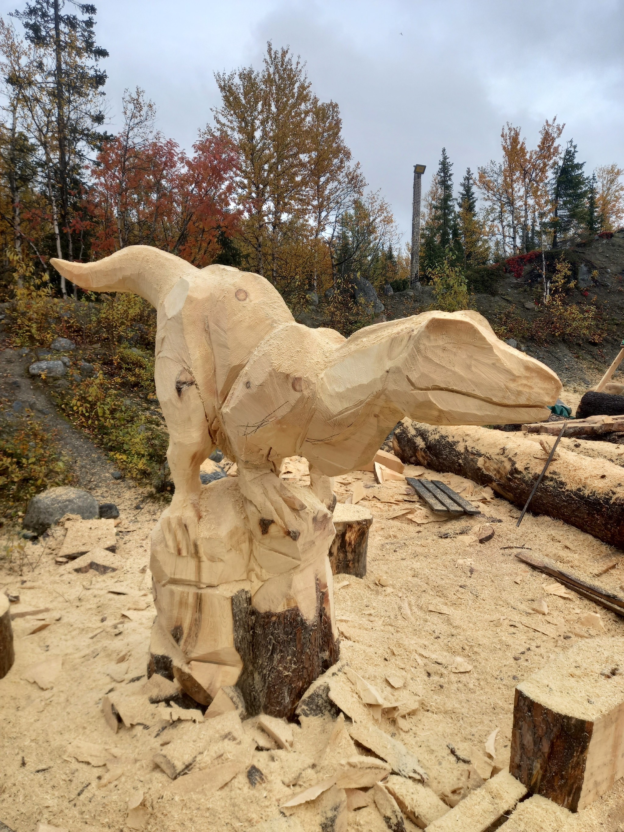 The era of dinosaurs in the Arctic. Chainsaw carving - My, Wood carving, Thread, Wood sculpture, Tree, Carving, Woodworking, The photo, Dinosaurs, Longpost, Video