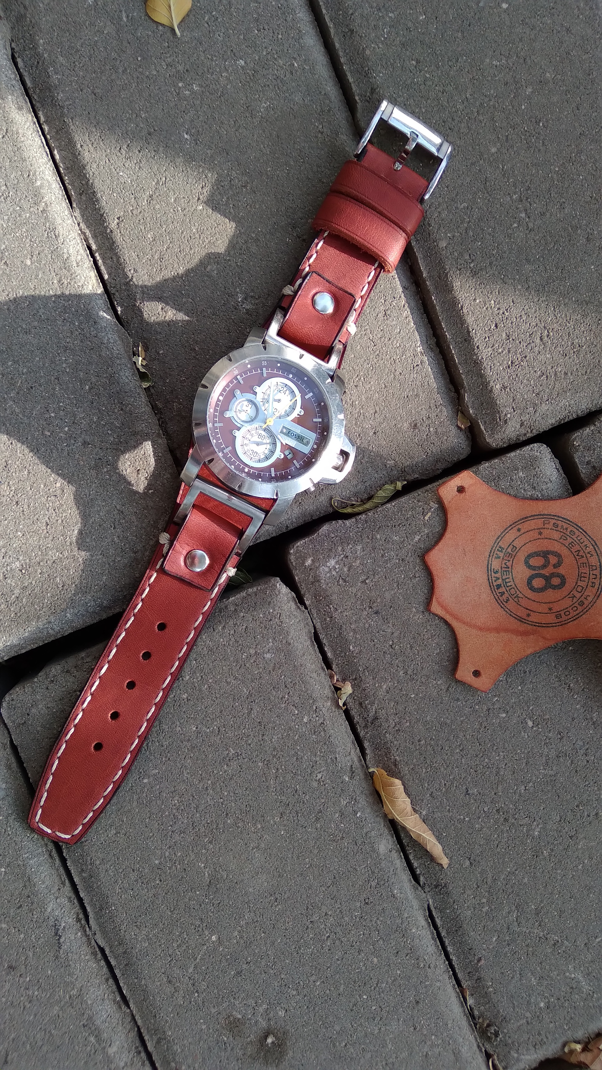 Fossil watch strap. Wristband strap. Bund strap - My, Needlework with process, Leather, Leather products, Belt, Clock, Strap, Handmade, With your own hands, Wrist Watch, Wall Clock, Longpost