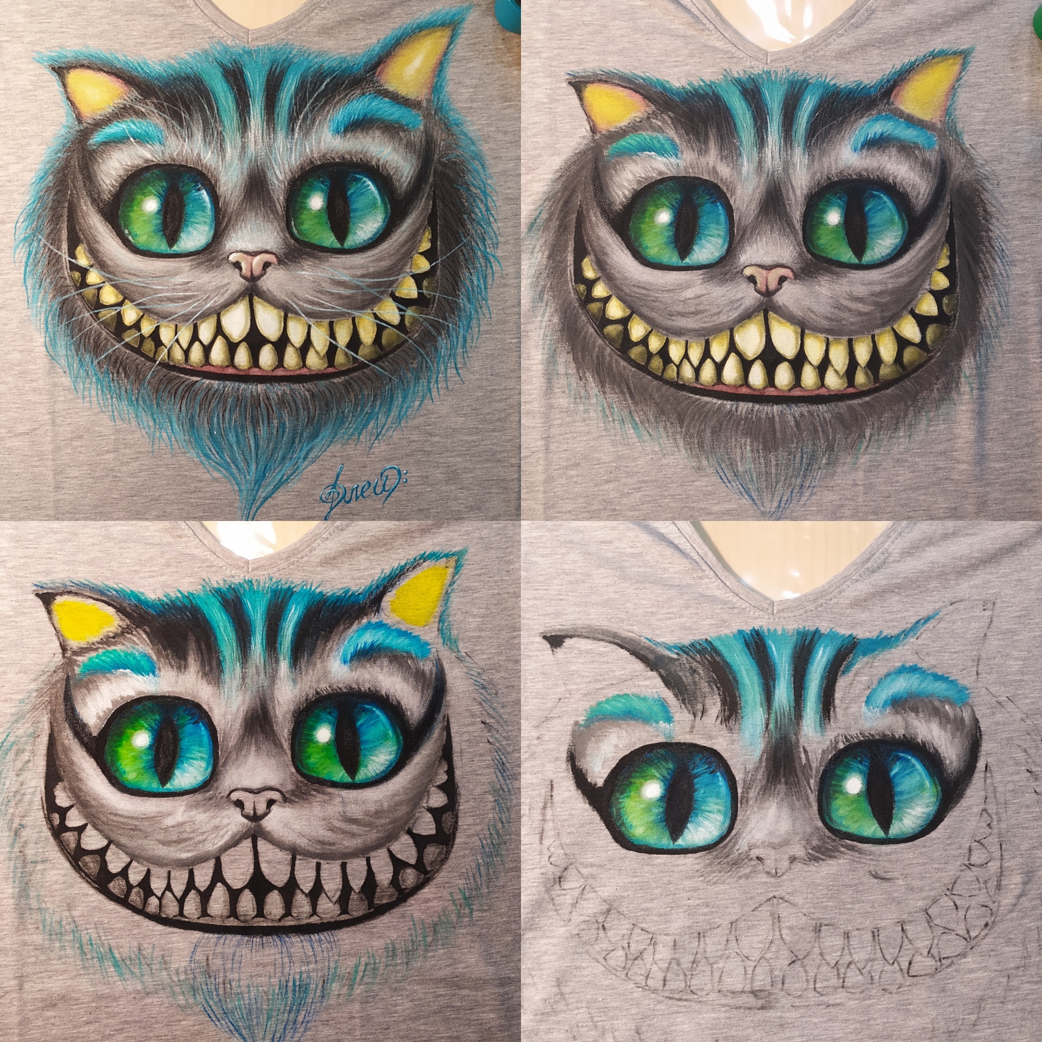 Cheshire cat (painting on clothes) - My, Painting on fabric, Handmade, Images, Drawing, T-shirt, cat, Cartoons, Longpost, Needlework with process