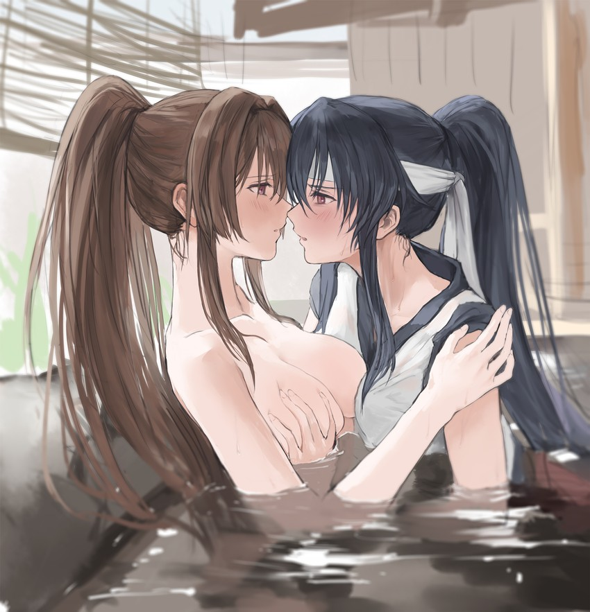 Yamato x Yahagi - NSFW, Kantai collection, Yamato, Yahagi, Yuri, Boobs, The hot springs, Sugoi dekai