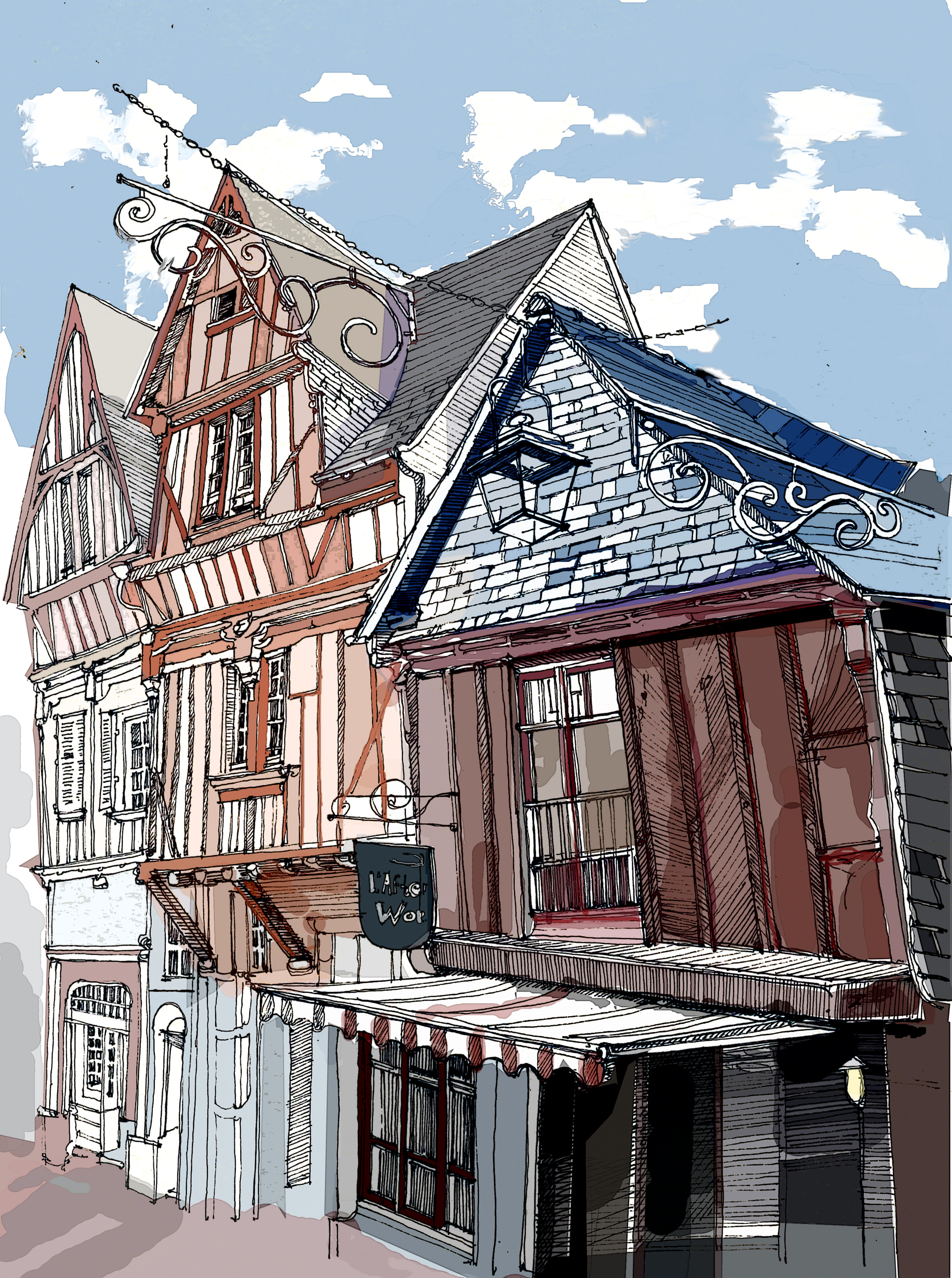 Old Laval, color drawing - My, Architecture, Drawing, House, Town, Ancient architecture