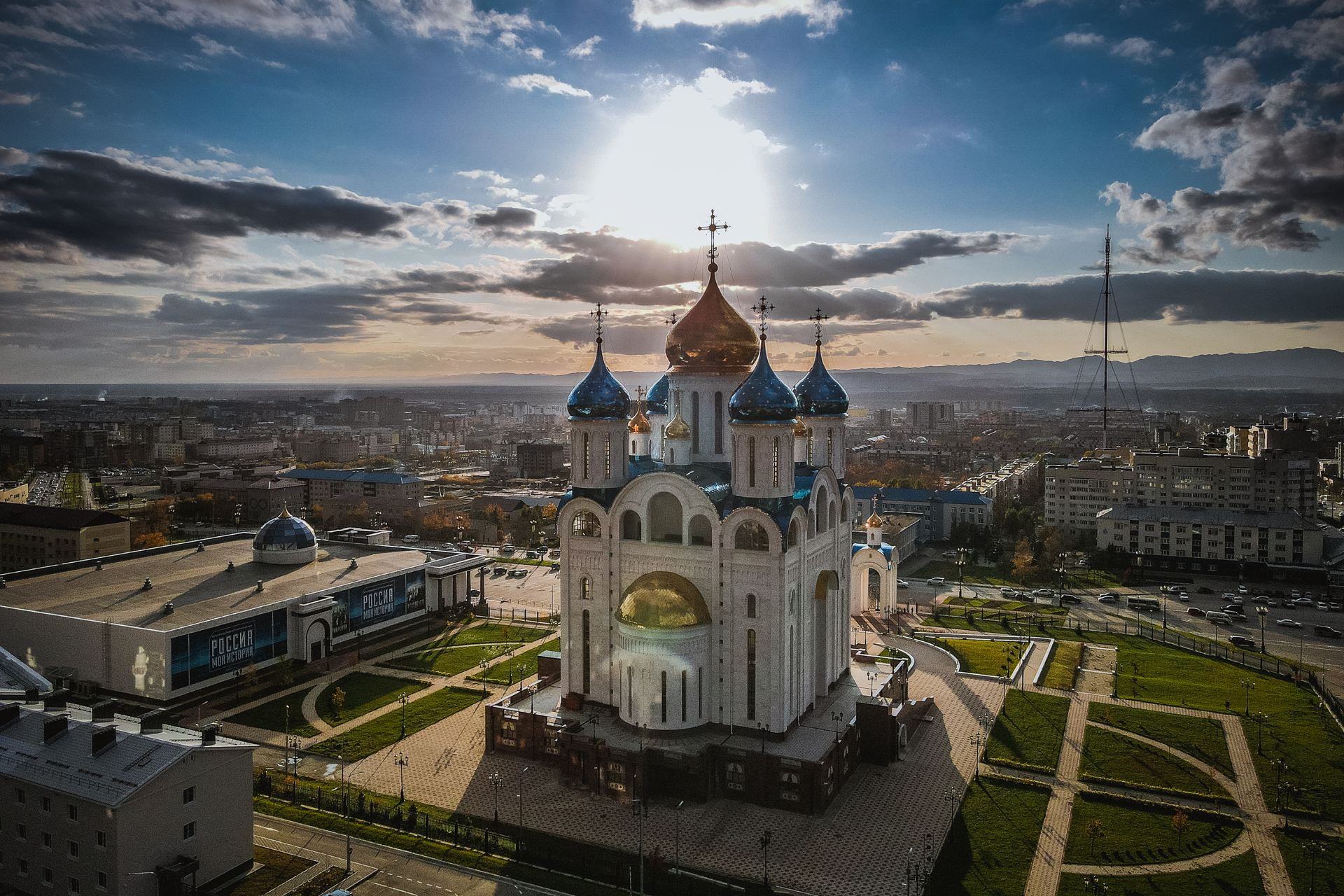 Southern in the sunset - My, Town, Drone, Yuzhno-Sakhalinsk, Sunset, Landscape, Longpost, Quadcopter