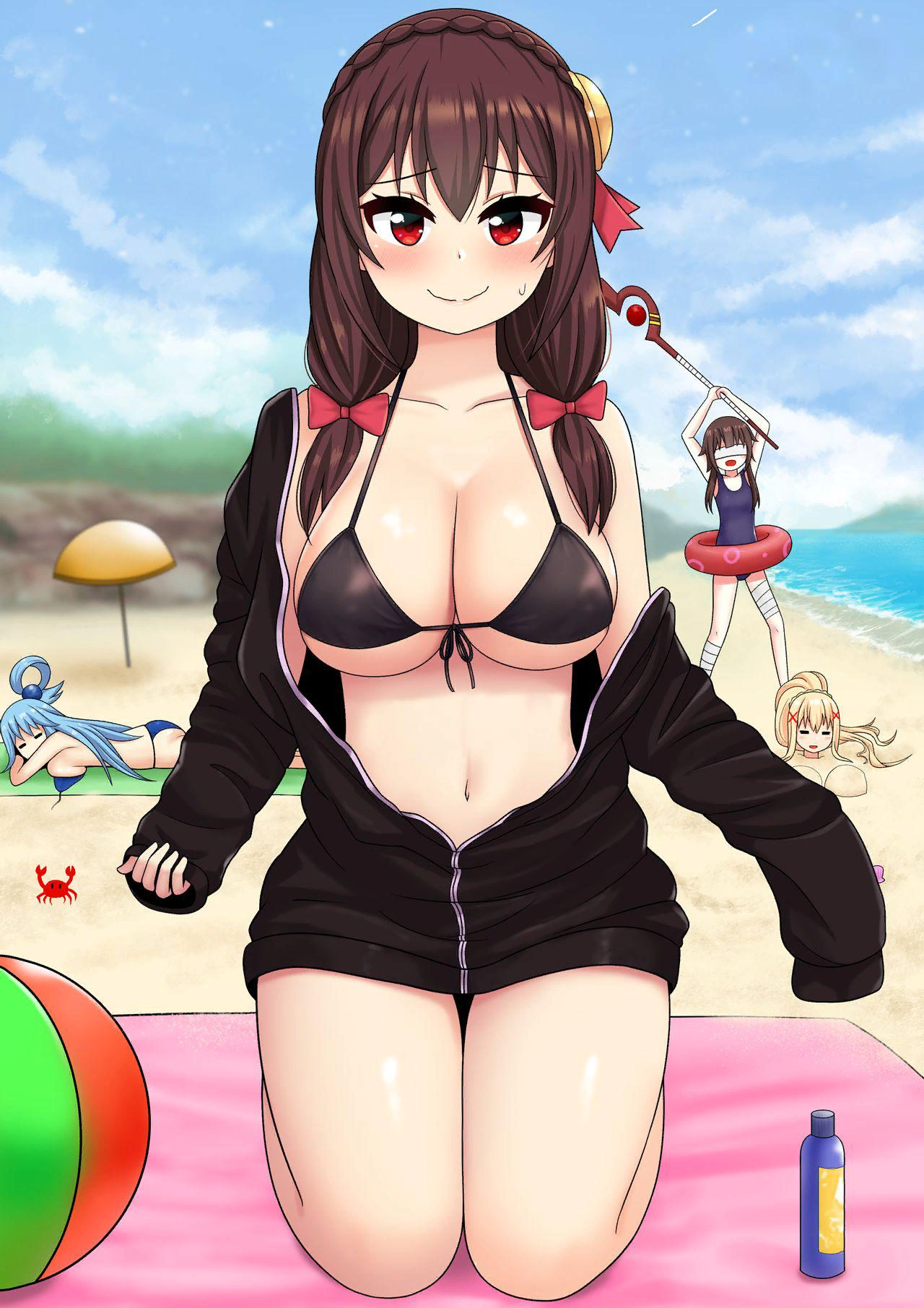 Beach episode - Konosuba, Aqua, Darkness, Megumin, Yunyun, Anime art, Anime, Swimsuit