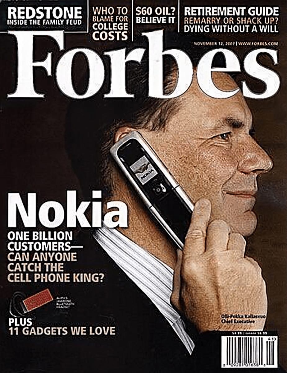 Nokia на обложке Forbes, 2007 год. Заголовок: «Сможет ли кто-то обогнать  короля мобильных телефонов?» | Пикабу